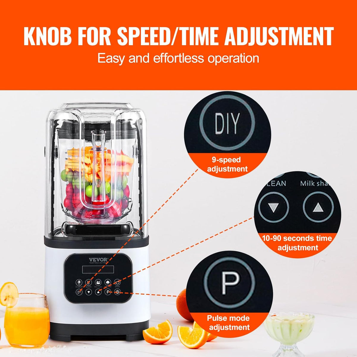 VEVOR Blender voor koude dranken, tafelmixer in glazen blik met bord inhoud ca. 2 l, mixer nominaal vermogen 1400 W roestvrij staal 5 functies voor bevroren dranken, smoothie, wit
