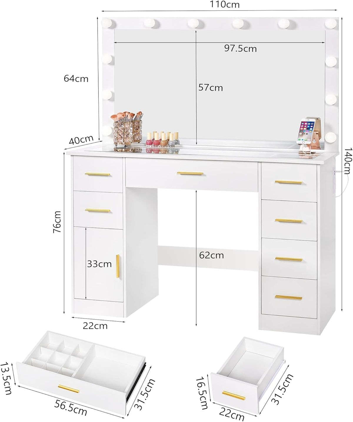 ANWBROAD Large Dressing Table with 3 Adjustable LED Lights and Socket, Modern Vanity Table with Mirror, Dressing Table with Glass Top, 7 Drawers, White 140 x 110 x 40 cm BDT83W - QUORE