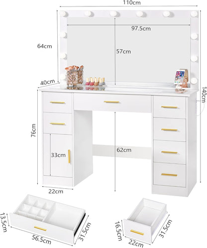 ANWBROAD Large Dressing Table with 3 Adjustable LED Lights and Socket, Modern Vanity Table with Mirror, Dressing Table with Glass Top, 7 Drawers, White 140 x 110 x 40 cm BDT83W - QUORE