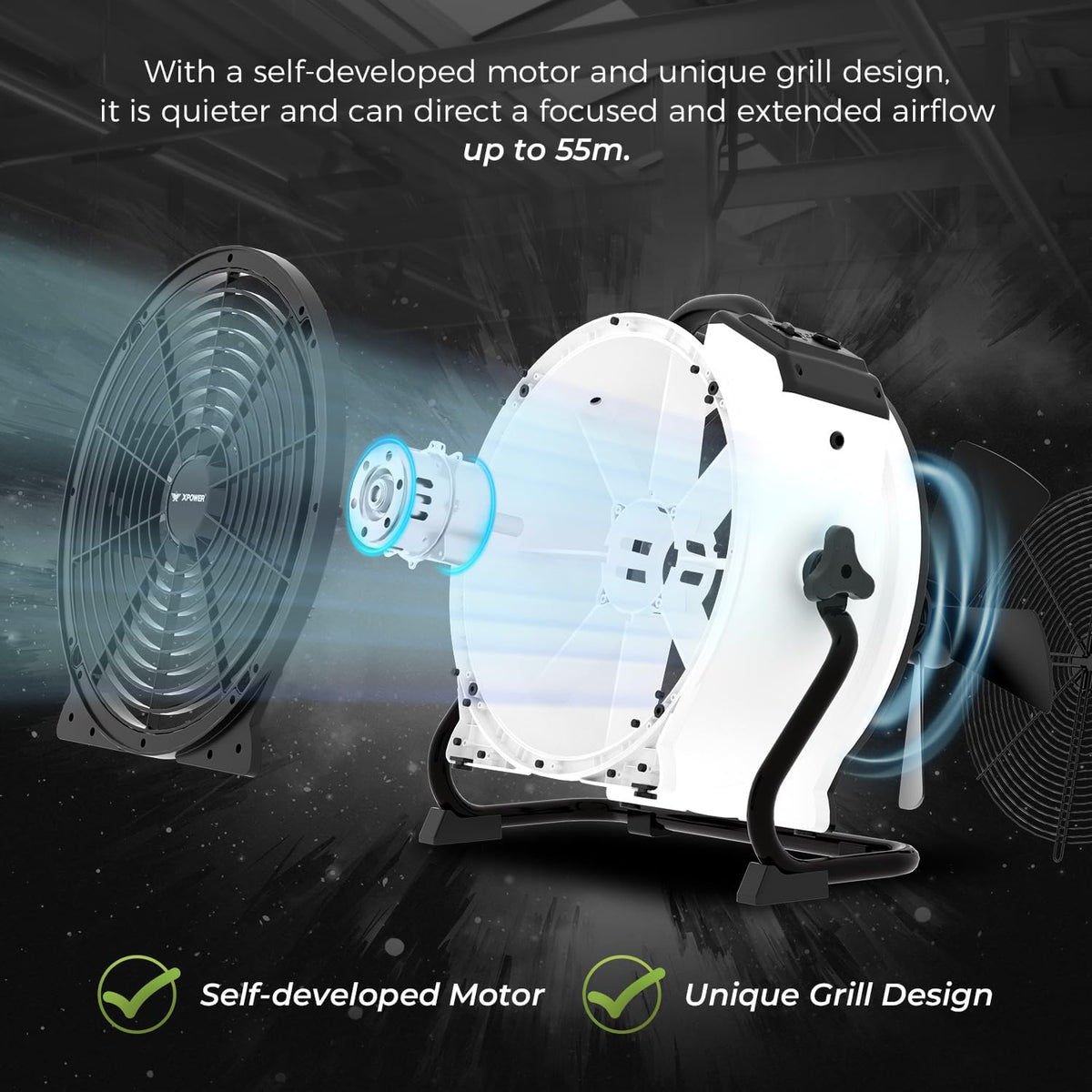 Industriële Luchtcirculator Wit – Luchtverplaatser, Vloerventilator, Circulatieventilator, Werkplaatsventilator – 4 Snelheidsstanden – Instelbare Draaihoek en 2400 CFM