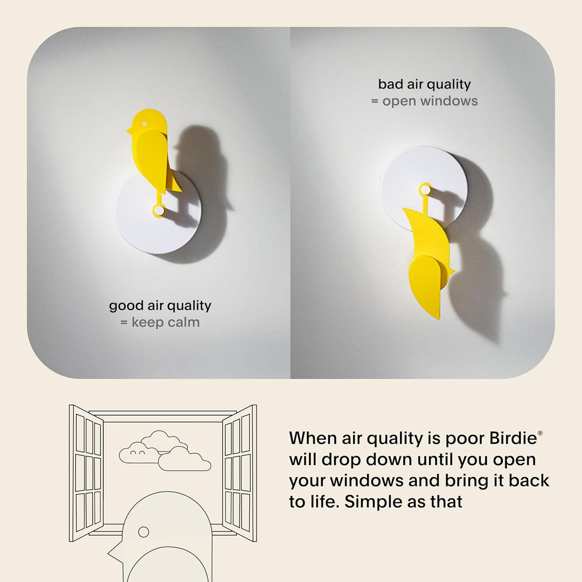 Birdie 2.0 Design CO2-monitor voor binnenshuis, luchtkwaliteitsmeter voor thuis en op kantoor, bevordert geestelijke en lichamelijke gezondheid (Yellow)