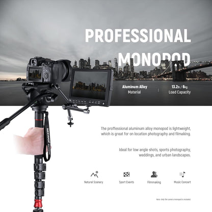 NEEWER GM76 Professionele camera monopod met voeten, 179 cm, telescopisch, draagbaar, aluminium, monopod, zwenkbaar, vloeistofkop en afneembare statiefvoet voor DSLR-camera, maximale belasting 6 kg