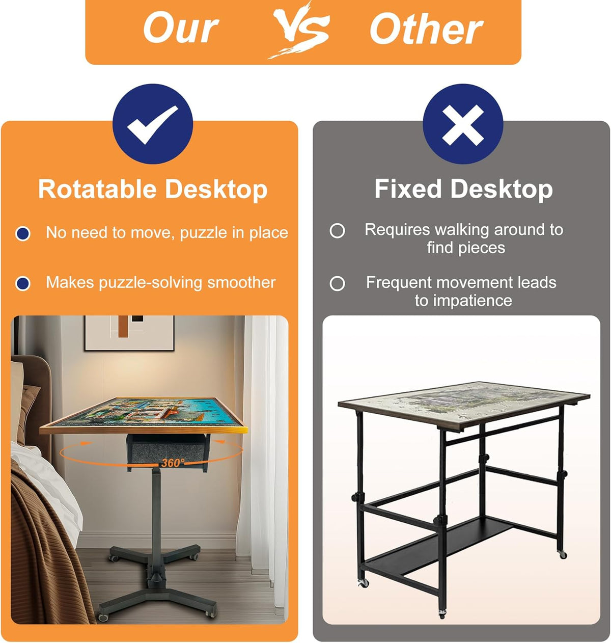 FATIVO Puzzle Table, 1500 Pieces, Height Adjustable with Wheels 70 x 90 cm, with 2 Fabric Drawers, Mobile Puzzle Board 74-98 cm, for Adults, Puzzle Board, Adjustable Angle, Black, Brown - QUORE