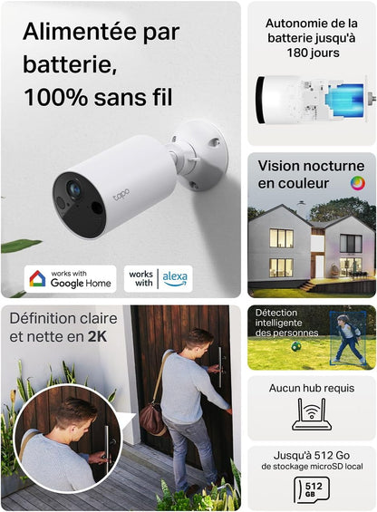 Tapo C410 2K (3 MP) bewakingscamera, wifi, voor buiten, draadloos, batterij, 2 stuks, looptijd 180 j, persoon, detectie, nachtzicht in kleur, IP65 waterdicht, geen hub nodig