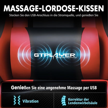 GTPLAYER Gamingstoel, bureaustoel, ergonomische pc-stoel, gamingstoel met massagesteun, task stoelen met voetensteun en hoofdsteun, rood kunstleer