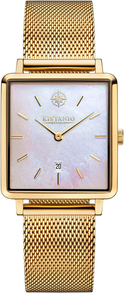 Carre plat dameshorloge met Milanese band, saffierglas, 26 x 28 mm diameter, roestvrij staal, datum in verschillende varianten, goud/parelmoer, armband