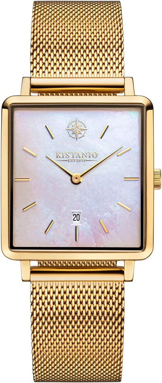 Carre plat dameshorloge met Milanese band, saffierglas, 26 x 28 mm diameter, roestvrij staal, datum in verschillende varianten, goud/parelmoer, armband