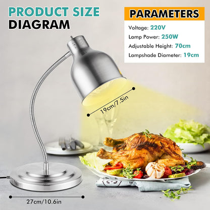 YJINGRUI Vrijstaande warmtelamp voor levensmiddelen, 250 W, zilver, buffet, levensmiddelen, verwarmingslamp met slang, rekbaar tot 70 cm, voor buffet, keuken, restaurant (enkele gloeilamp)