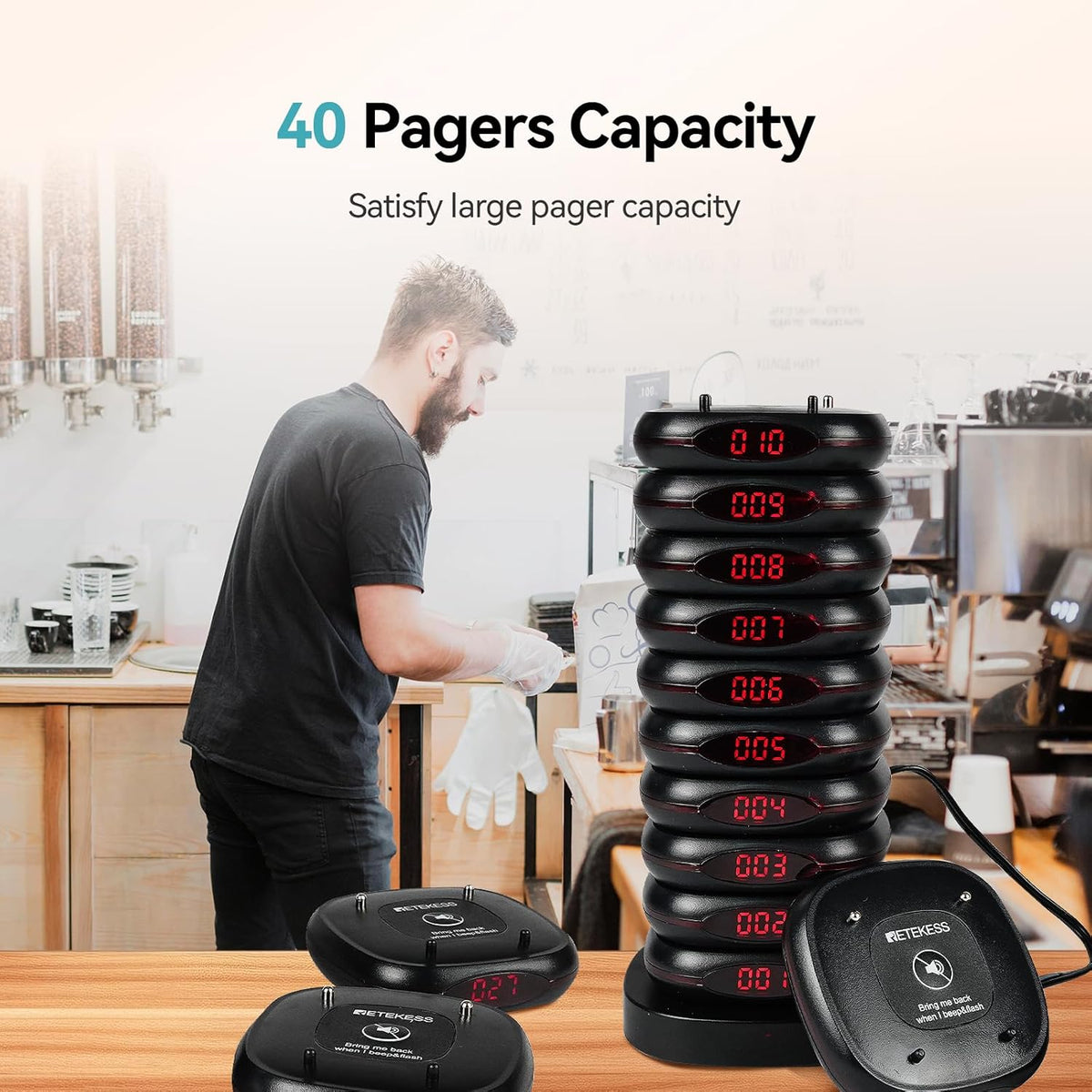 Draadloos Oproepsysteem – Pager – Semafoonsysteem – Communicatiesysteem – Oproepsysteem Restaurant – 500 Meter Bereik – 40 Pagers Met Afneembaar Toetsenbord – Mute-knop - QUORE