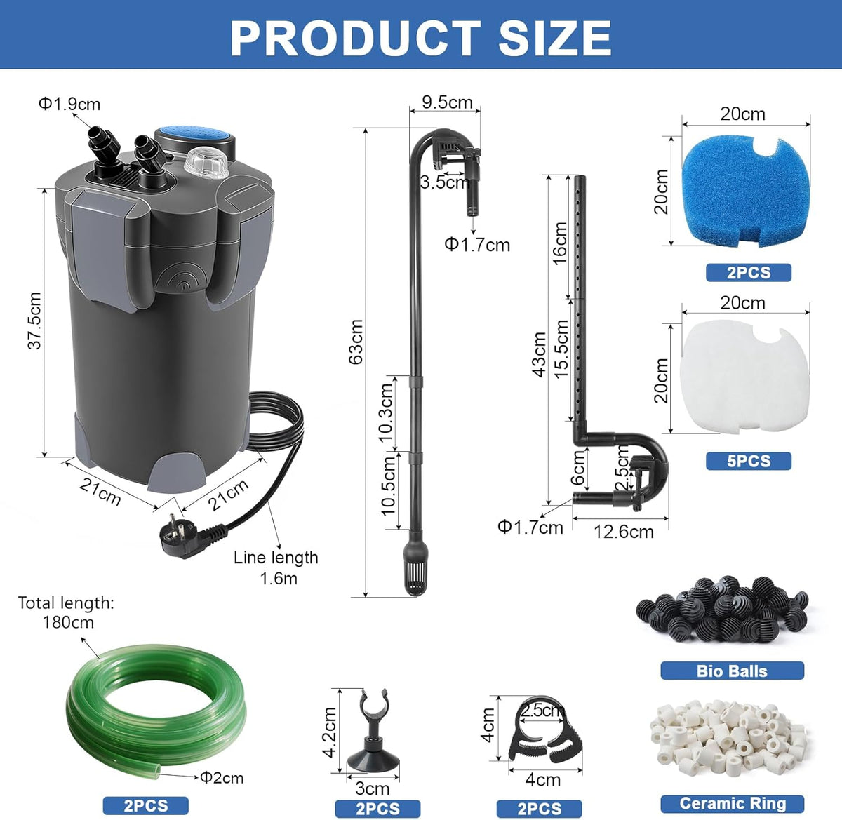 Buitenfilter voor aquarium met uv-lamp, 1400 l/u, 35 W filter voor aquaria tot 300 liter, instelbaar, krachtige jerrycan met 3 niveaus, kamerfilter met filtermateriaal, slang, zwart