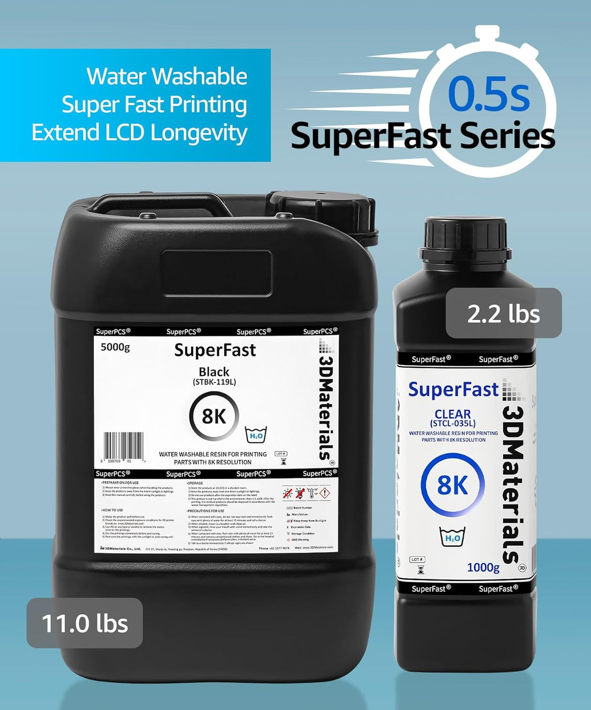 SuperFast 8K 3D-printer hars waterwasbaar, 50um print in 0,5 sec, Gemaakt in Korea door 3DMaterials (5000g, Wit)