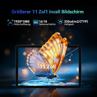 Tablet Android 15 11 Inch, 16GB RAM+128GB ROM (1TB uitbreidbaar), Octa-Core, Accu 8000mAh, 4G LTE+5G WiFi, Dual SIM, 13MP+8MP, GPS, Tablet met Toetsenbord,Muis,Stylus, Grijs