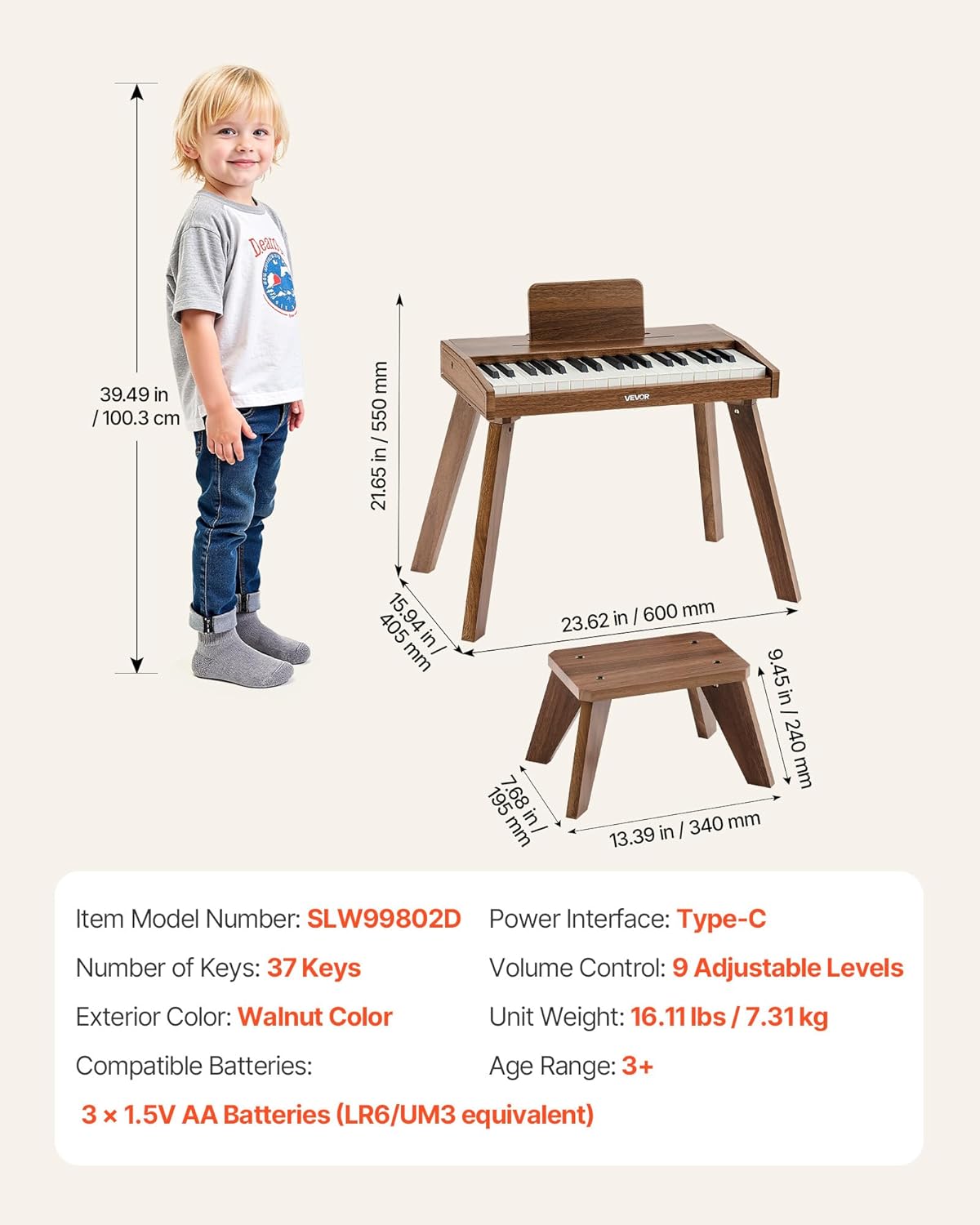 Toetsenbord Voor Kinderen Walnoot – Kinderpiano – Speelgoedpiano – Houten Piano – Mini Piano – 37 Toetsen – USB-C En Batterijen