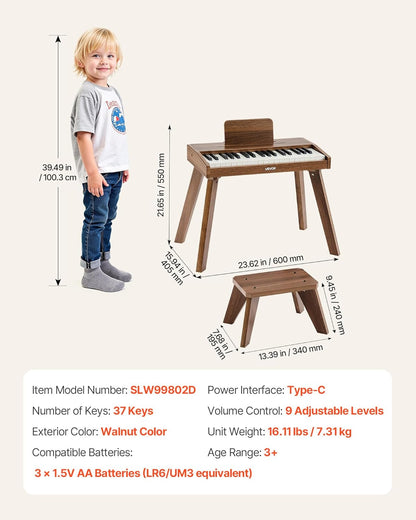 Toetsenbord Voor Kinderen Walnoot – Kinderpiano – Speelgoedpiano – Houten Piano – Mini Piano – 37 Toetsen – USB-C En Batterijen