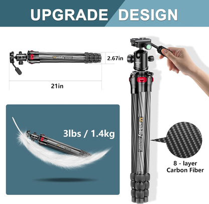 Koolstofvezel Camerastatief – Reisstatief – Fotostatief – Videostatief – Monopod – 360° Balhoofd – Opgevouwen Slechts 6,8 Cm Breed