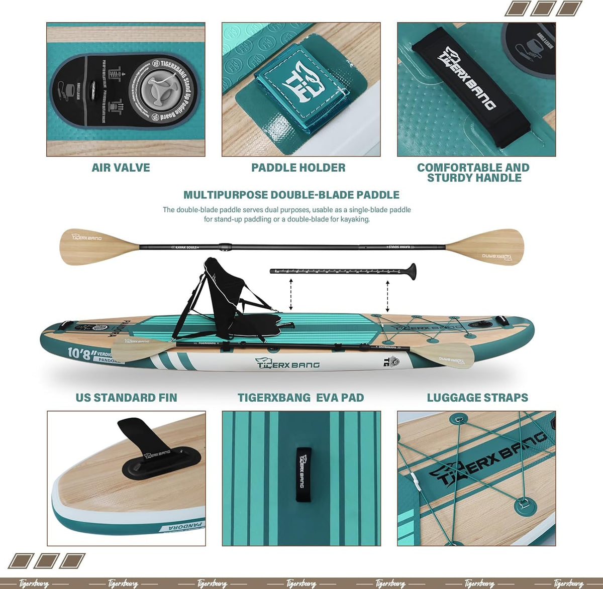 TIGERXBANG stand-up paddleboard, 3,3 m met complete premium opblaasbare SUP-accessoires, extra breed SUP-board voor volwassenen en kinderen, Pandora-collectie
