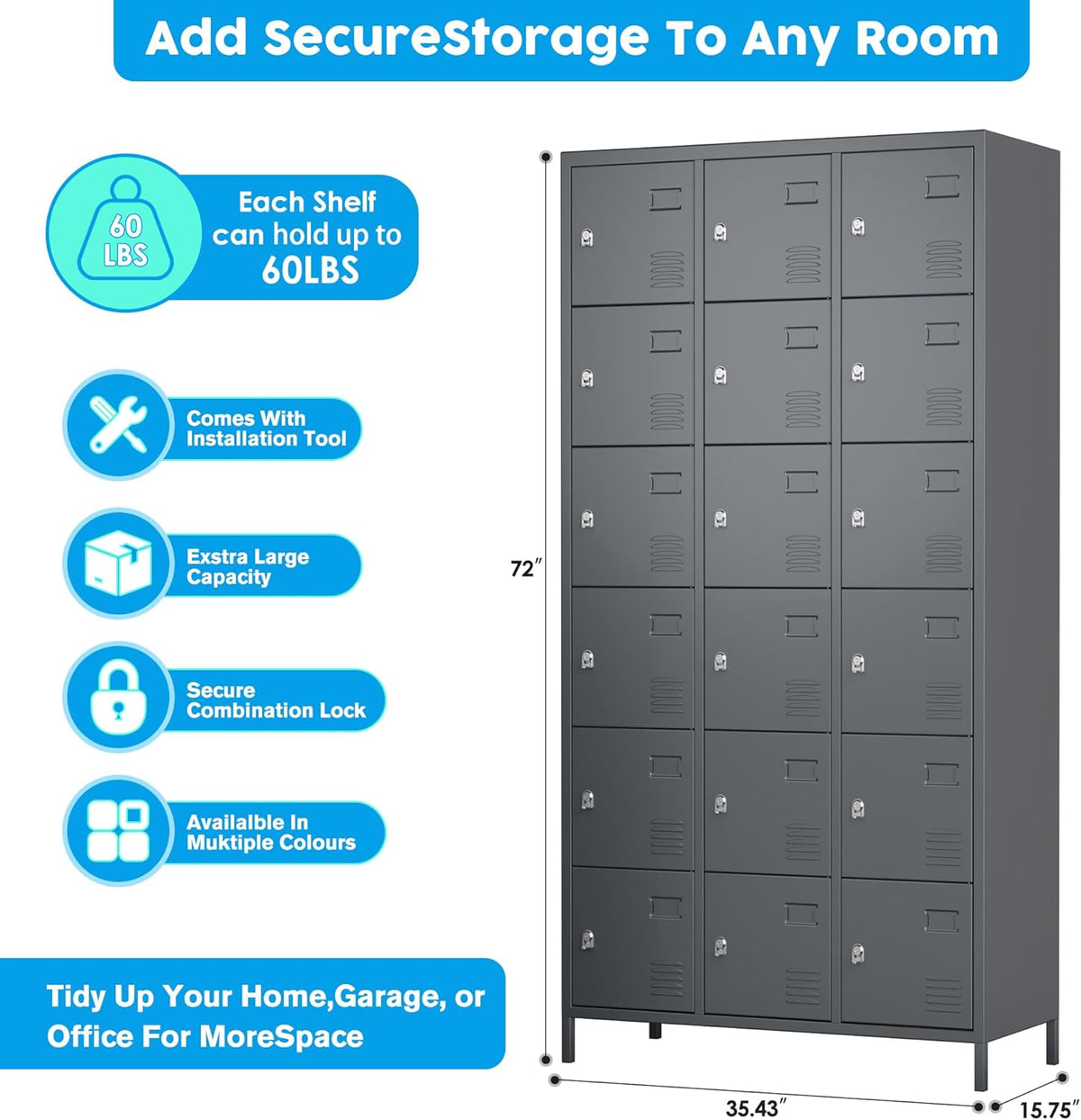 18-Pocket Metal Locker, Metal Wardrobe with Ventilation Slots for Workers, Sports Hall, School, Office (Dark Grey) - QUORE