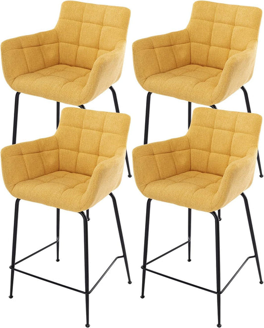 Barkrukken – Barstoelen – Keukenstoelen – Ontbijtstoelen – Hoge Stoelen – Set Van 4 – Comfortabele Gele Stof – Verstelbare Metalen Pootjes - QUORE