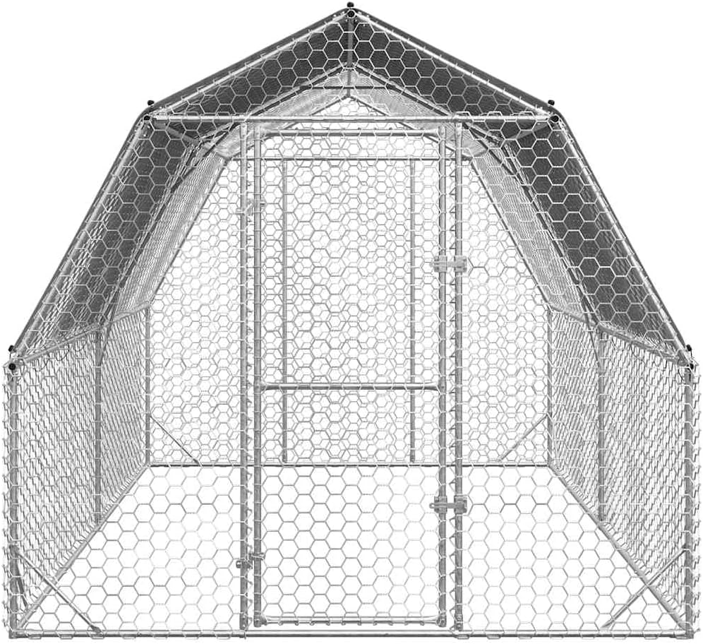 Chicken Coop with Roof, 2.5 x 4 x 2.25 m, Galvanised Steel, Small Animal Hutch, Cage, Chicken Coop, Outdoor Enclosure - QUORE