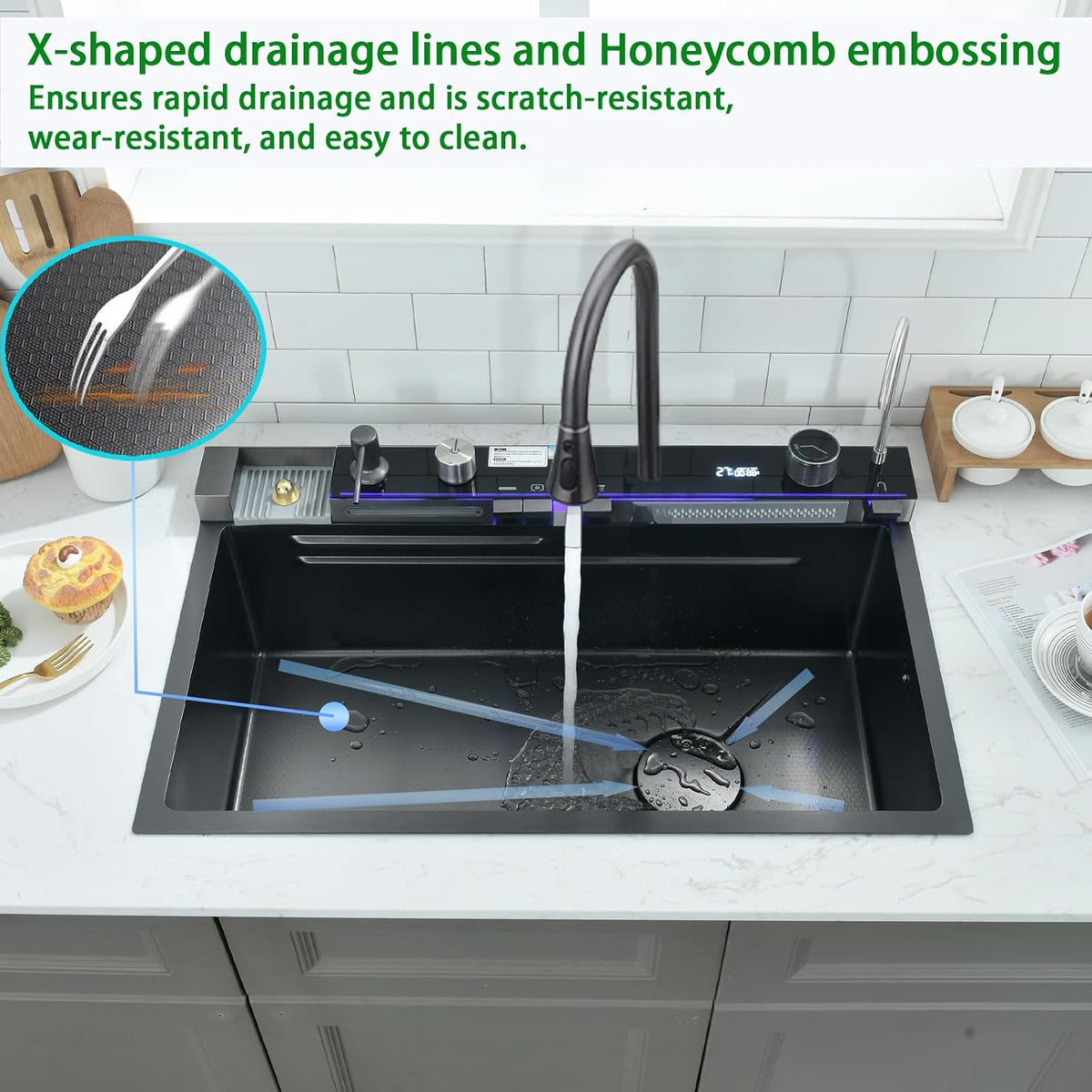 304 Roestvrij Staal Keuken Spoelbak, 75x45x21cm Zwarte Enkele Kom Multifunctionele Waterval Sink