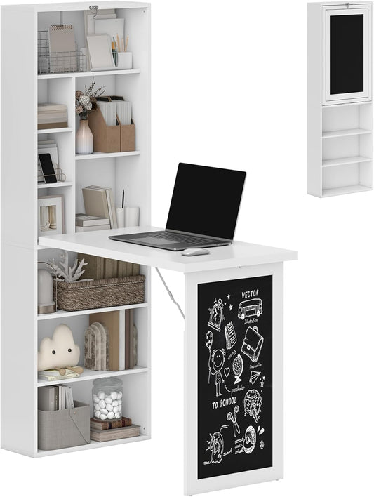 HOMCOM Folding Desk with 6 Compartments, Bookcase with 3 Shelves, Computer Table, Office Table, E1 Chipboard, Metal Frame, White, 98 x 51 x 153 cm - QUORE