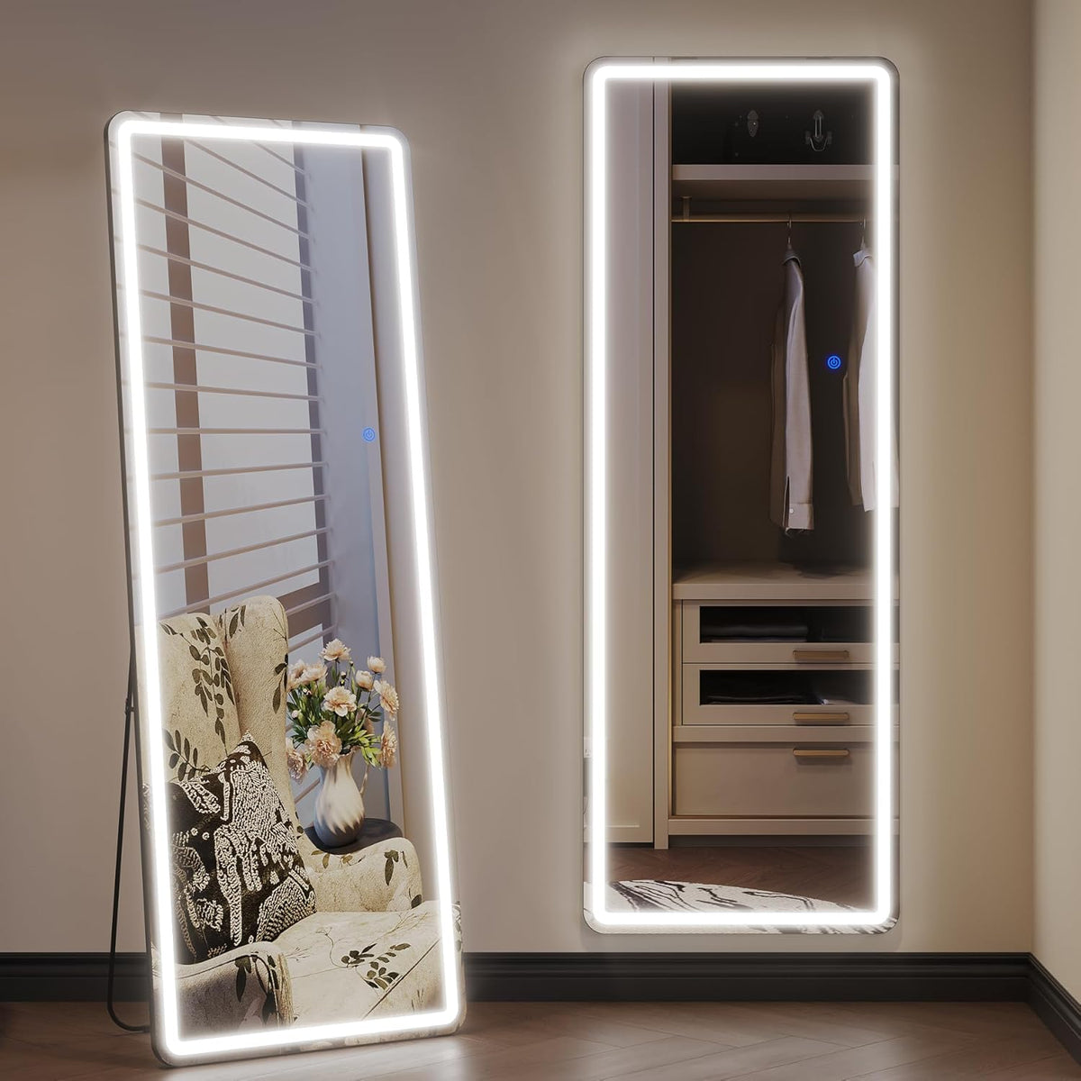 Staande Spiegel Grote 178 x 65 cm, Lange Spiegel met Verlichting, Groot LED Wandspiegel, Volledige Lengte Passpiegel met Standaard, Vrijstaande Vloerspiegel voor Woonkamer Hal (Zwart XXL)