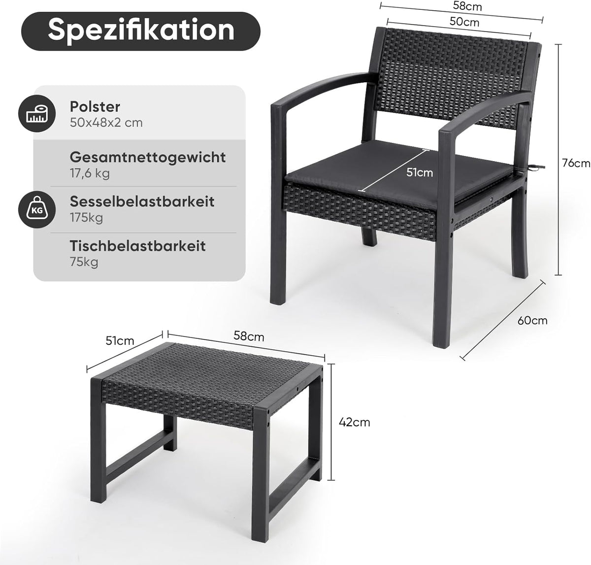 Sekey Balkonmeubelset, 3-delige tuinmeubelset van PE-polyrotan, weerbestendig, tafel en 2 stoelen met zitkussen, zitgroep, loungeset, terrasmeubel voor terras, balkon, tuin, antraciet