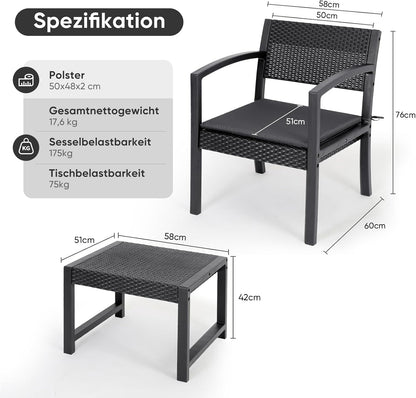 Sekey Balkonmeubelset, 3-delige tuinmeubelset van PE-polyrotan, weerbestendig, tafel en 2 stoelen met zitkussen, zitgroep, loungeset, terrasmeubel voor terras, balkon, tuin, antraciet
