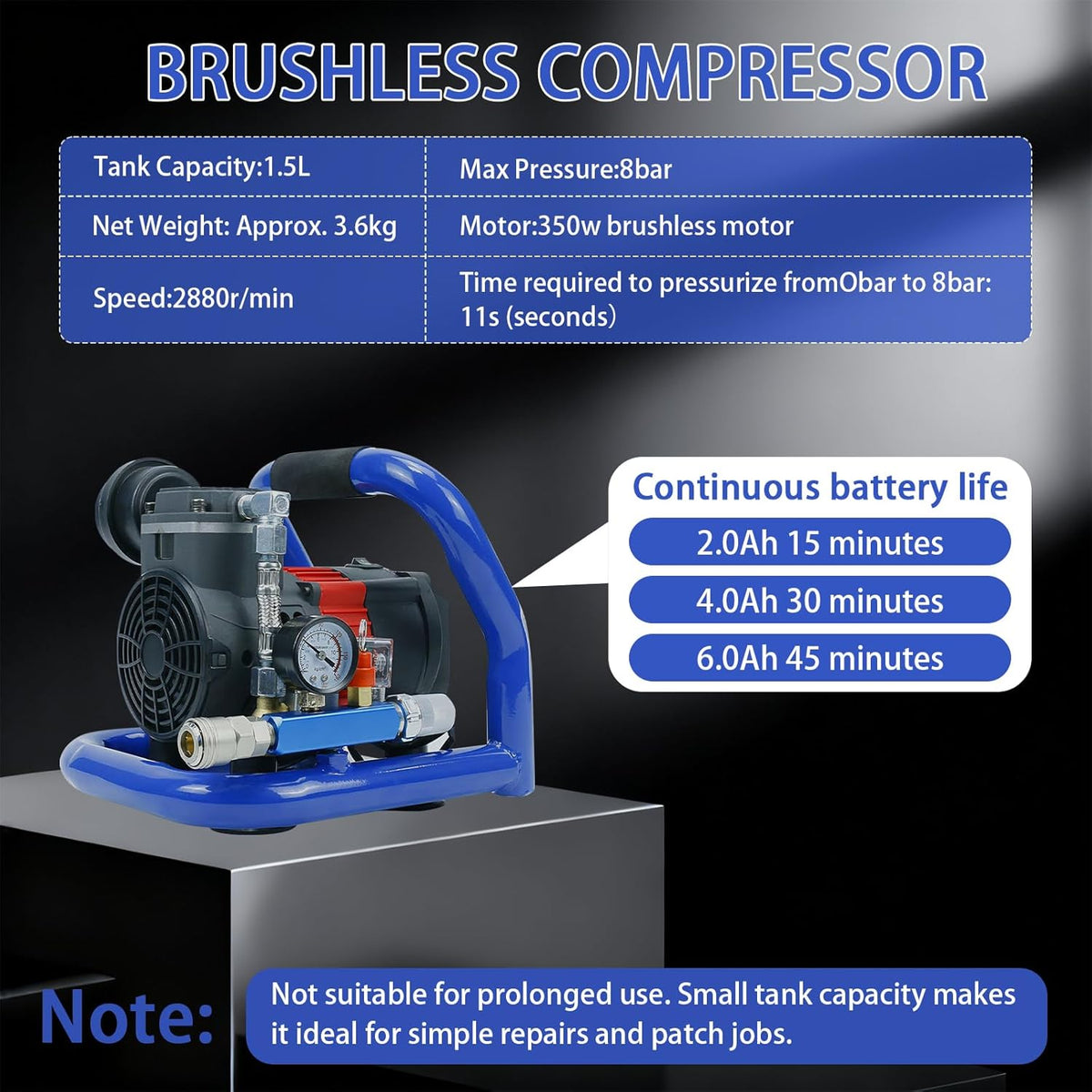 Accucompressor – Persluchtcompressor – Draagbare Luchtcompressor – Mini Compressor – 7 Bar Werkdruk – 1,5 Liter Tank – Draadloos – Stil in Gebruik