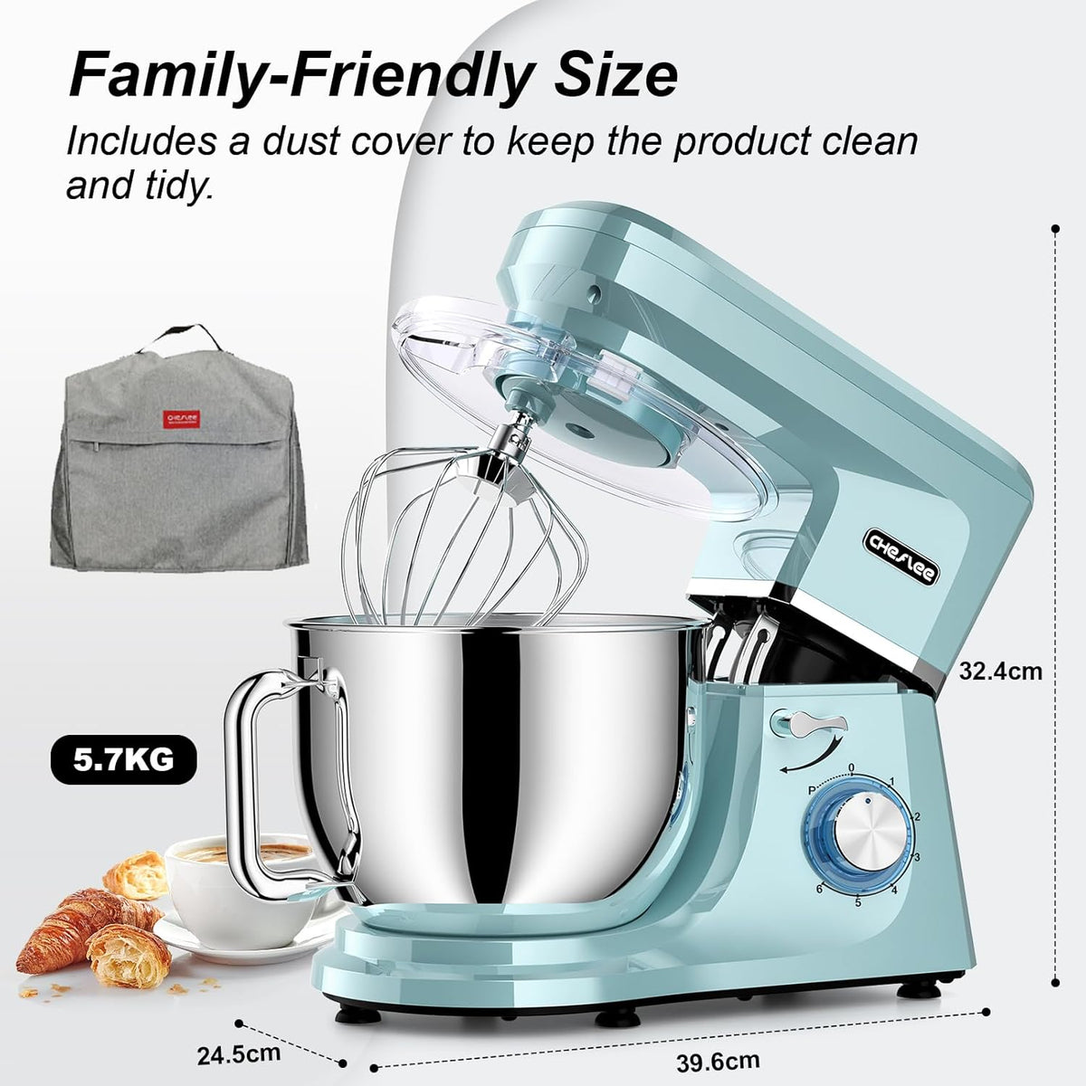 CHeflee Keukenmachine, 2000 W, krachtige kneedmachine, met kneed- en roerfunctie, 6 snelheden, geluidsarme deegkneedmachine, 8 liter, roestvrijstalen kom, kneedhaak en garde, stofhoes