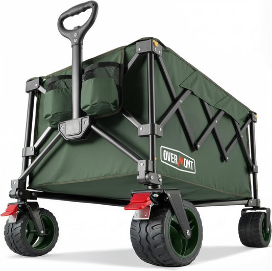 Overmont Opvouwbare bolderkar, inklapbare handwagen, met brede wielen, tot 150 kg draagkracht, voor camping, sport, winkelen, tuin, groen
