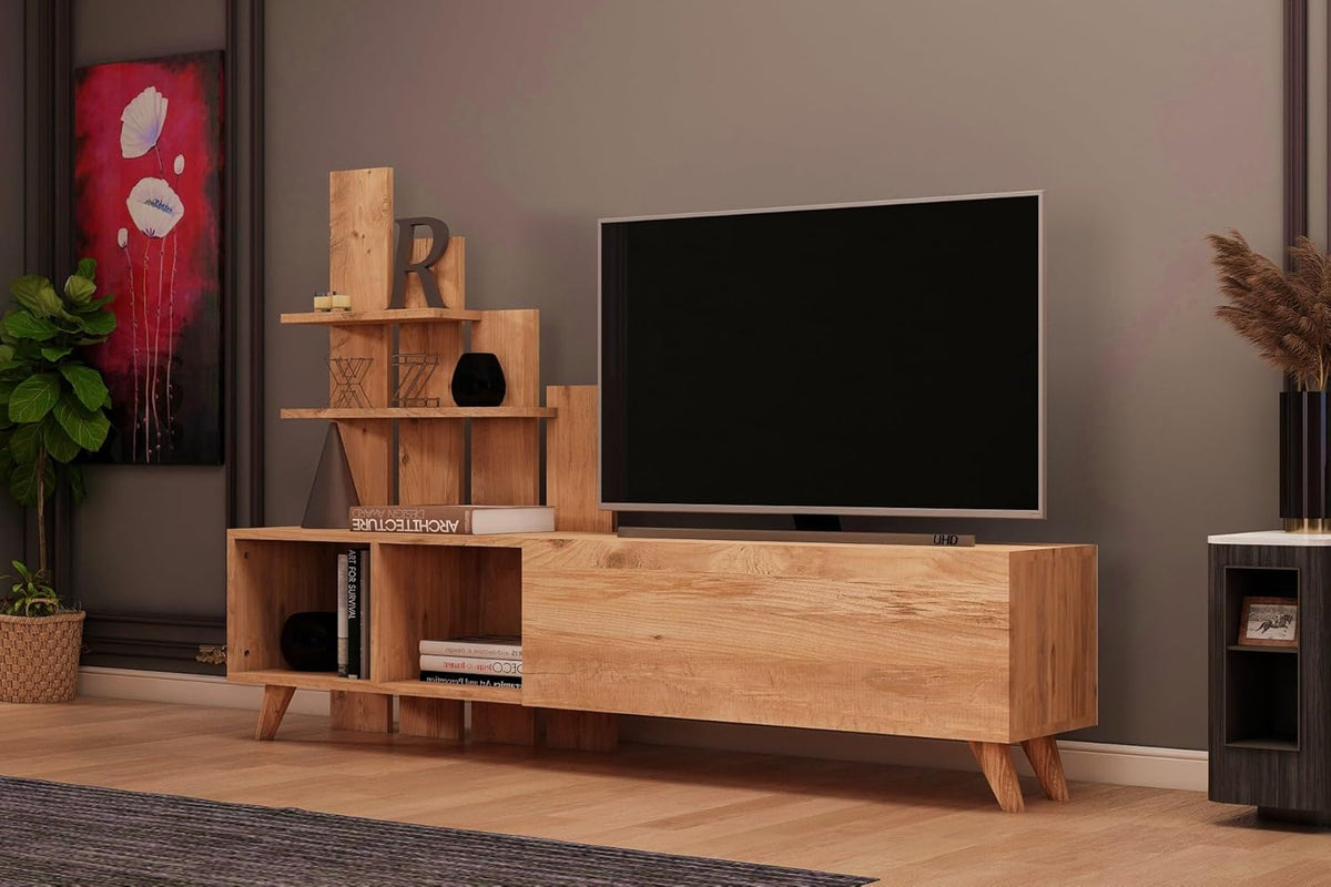 Hanah Home Stijlvolle tv-standaard, Atlantic Pine, 160 x 115 x 33 cm, 100% melamine gecoat particle board, 18 mm dik, perfect voor moderne woonkamers en entertainmentruimtes