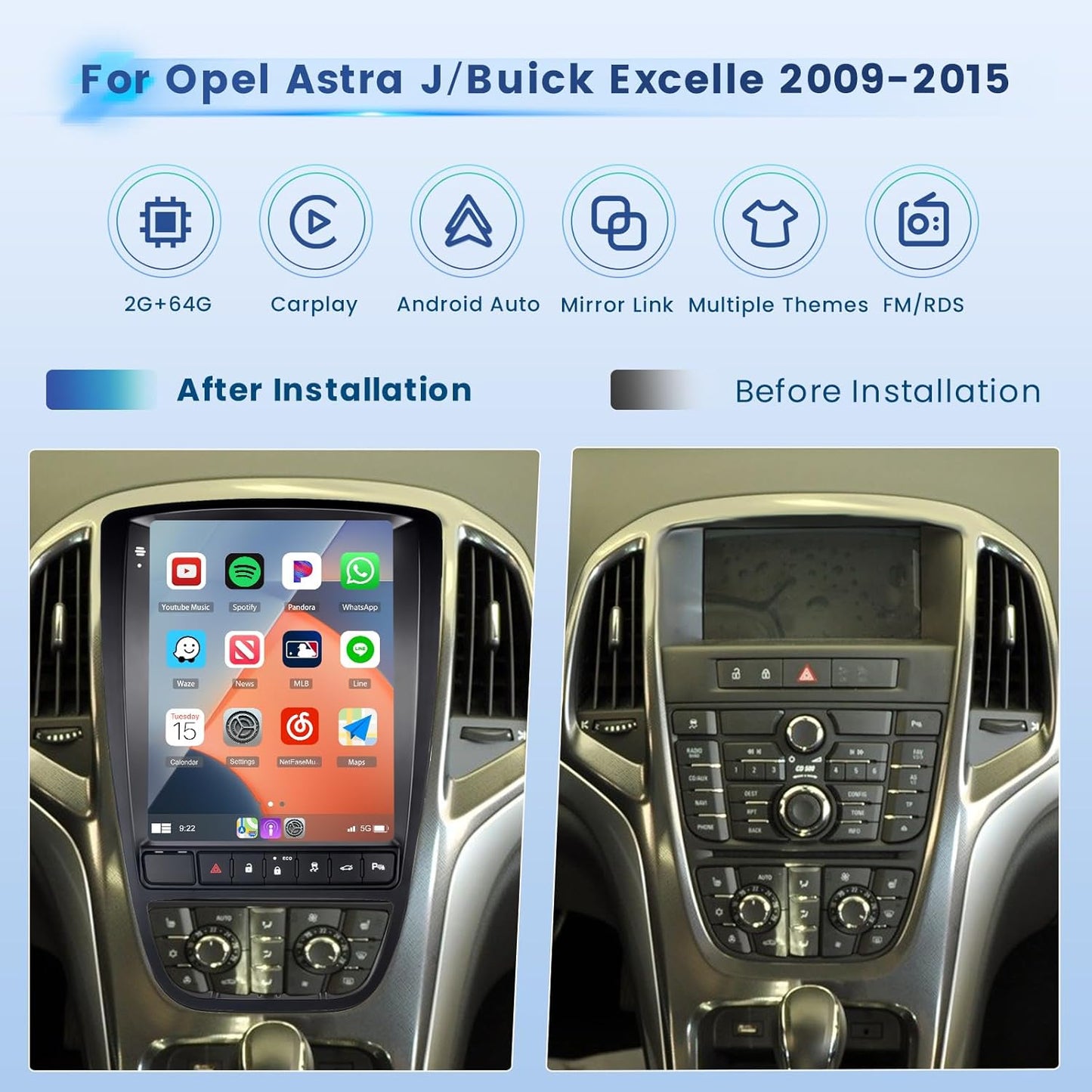 Android autoradio – Multimedia scherm – Touchscreen radio – Infotainmentsysteem – Navigatiesysteem – Voor 2009-2015 – 9,7 Inch Android 15 Met Wireless CarPlay En Android Auto – 2+64GB Met GPS, WiFi, Bluetooth, Split Screen En Achteruitrijcamera