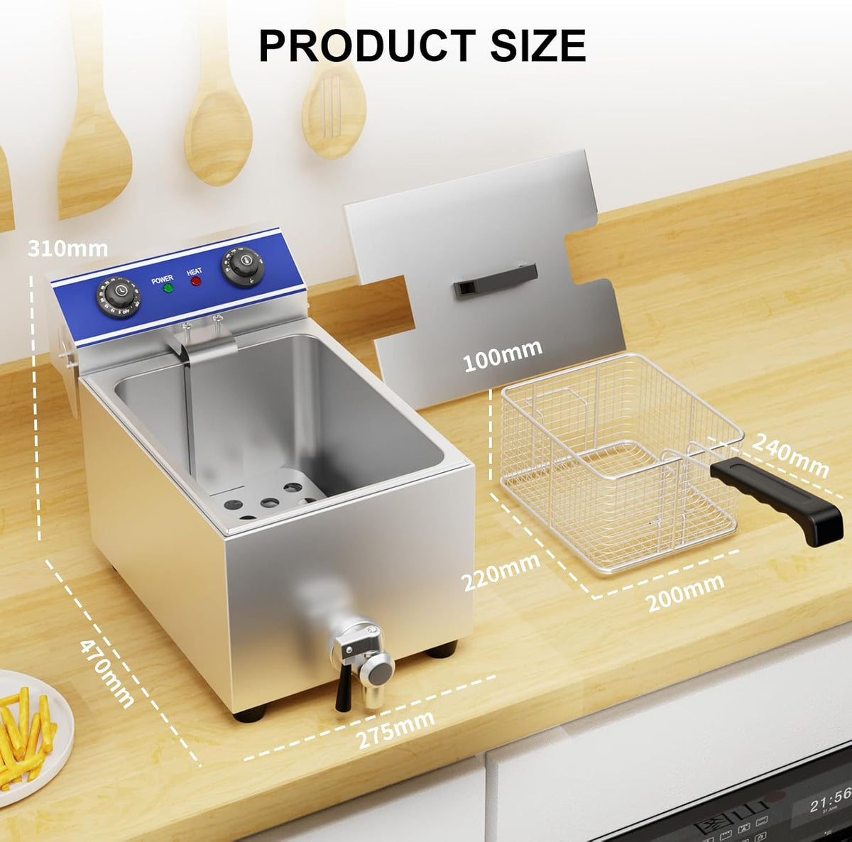 TAIMIKO Elektrische Friteuse, roestvrij staal, thermostaat 60 – 200 °C, frituermand en deksel, afneembaar bak (6L, met timer)
