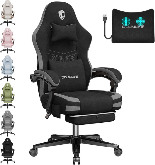 Douxlife Gaming stoel stof met massagefunctie, zitkussen met pocketveren, ergonomische bureaustoel met voetensteun, 150 kg belastbaarheid, zwart