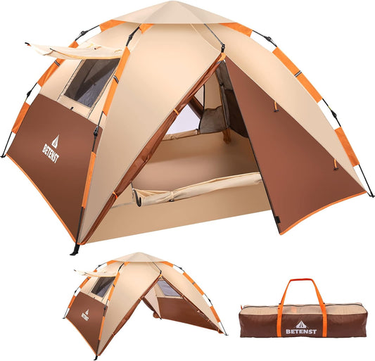 Campingtent, pop-up tent voor 4 personen, familiekoepeltent, waterdicht, winddicht, met 2 gaasdeuren, 2 gaasramen, dakramen, 2-in-1 dubbele lagen, opbergtas voor kamperen, wandelen, backpacken