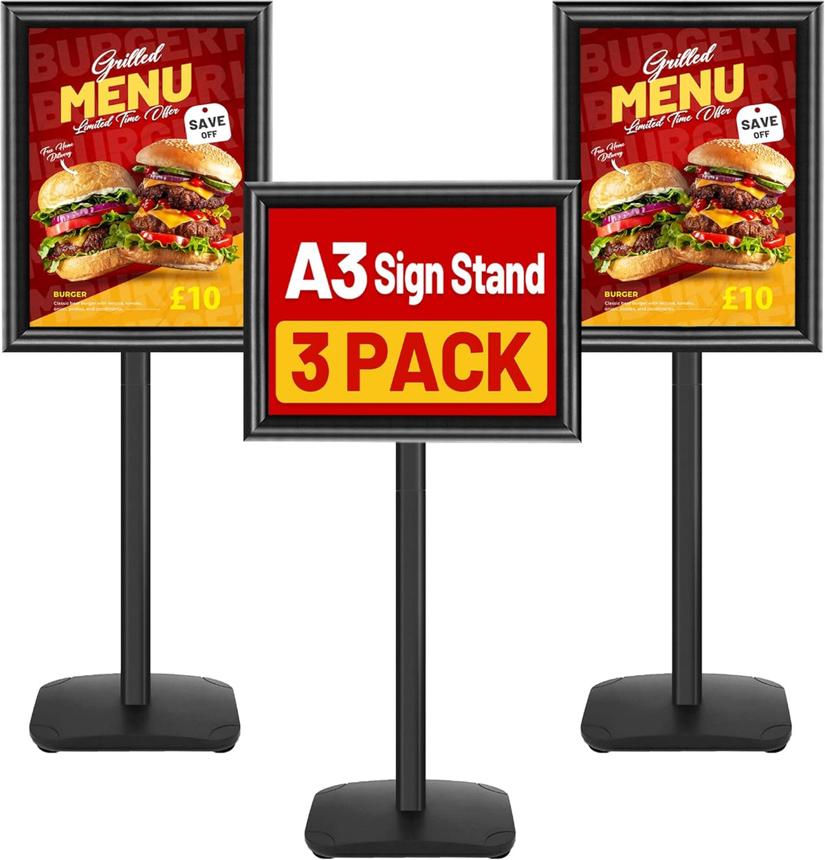 Schildstandaard Display – Posterstandaard, Infostandaard, Presentatiestandaard, Menuhouder – A3, Zwart, Set van 3 – Zware 2,6 kg Metalen Voet – 360° Draaibaar en 180° Kantelbaar
