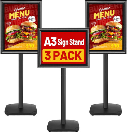 Schildstandaard Display – Posterstandaard, Infostandaard, Presentatiestandaard, Menuhouder – A3, Zwart, Set van 3 – Zware 2,6 kg Metalen Voet – 360° Draaibaar en 180° Kantelbaar