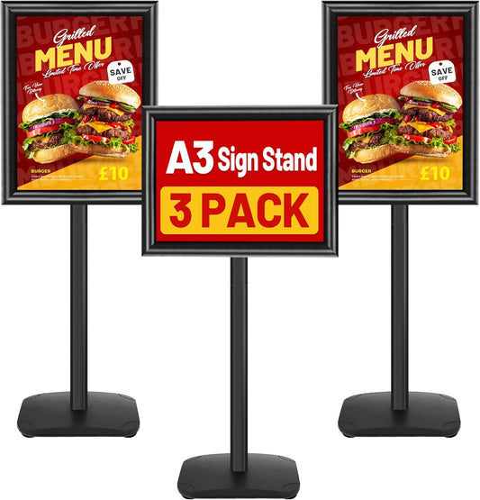 Schildstandaard Display – Posterstandaard, Infostandaard, Presentatiestandaard, Menuhouder – A3, Zwart, Set van 3 – Zware 2,6 kg Metalen Voet – 360° Draaibaar en 180° Kantelbaar