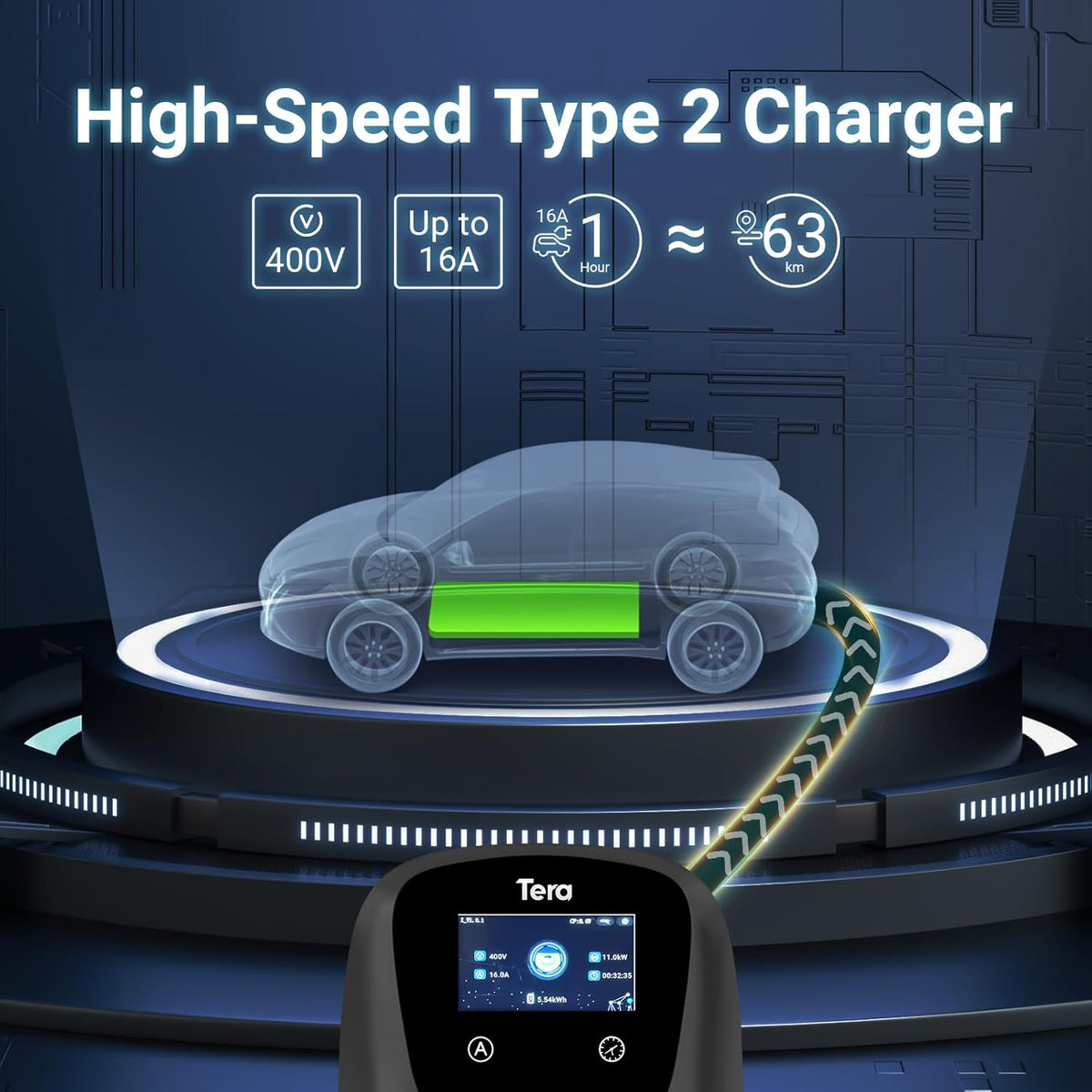 Tera EV Oplader type 2, 11 kW, voor thuisgebruik, CE- en TÜV-gecertificeerd, uitgerust met app/WLAN/Bluetooth, met 7 m oplaadkabel, CEE-stekker, zwart