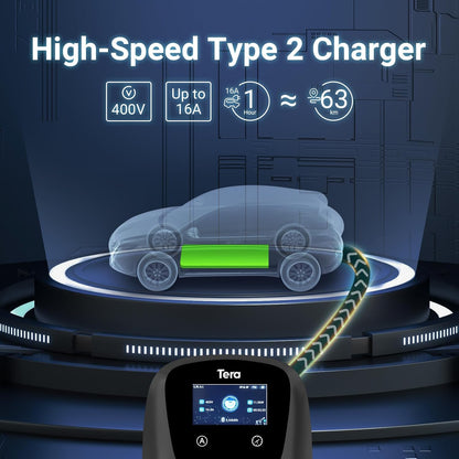 Tera EV Oplader type 2, 11 kW, voor thuisgebruik, CE- en TÜV-gecertificeerd, uitgerust met app/WLAN/Bluetooth, met 7 m oplaadkabel, CEE-stekker, zwart