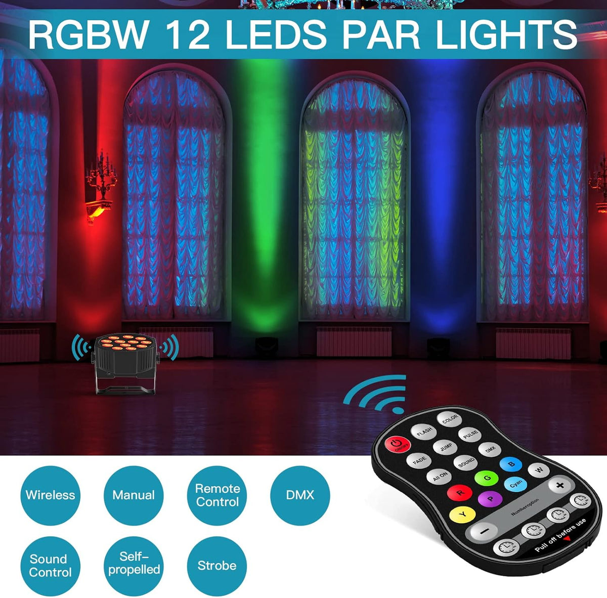 4 stuks RGBW Par spots, accu met tas, oplaadbaar, 12 leds, podiumverlichting met afstandsbediening en timer, led-par outdoor effectstraler, 8CH voor feest, bar, podium, bruiloft, Kerstmis