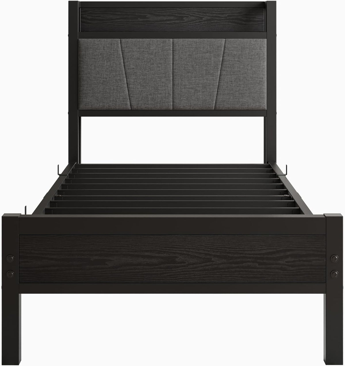 91 cm eenpersoonsbedframe met opberghoofdeinde, zwaar metalen gestoffeerd platformbedframe, matrasstichting/sterke stalen lattenondersteuning/opslag onder bed/eenvoudige montage/zwart