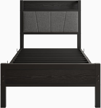 91 cm eenpersoonsbedframe met opberghoofdeinde, zwaar metalen gestoffeerd platformbedframe, matrasstichting/sterke stalen lattenondersteuning/opslag onder bed/eenvoudige montage/zwart