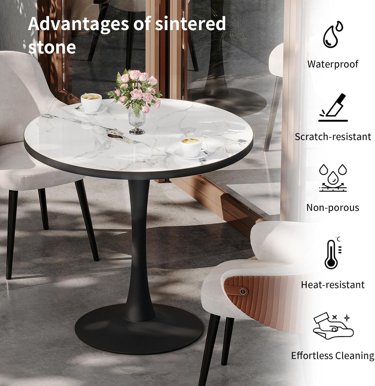 Ronde Eetkamertafel – Ronde Tafel – Bistrotafel – Design Tafel – Keukentafel – Kunstmarmer Blad – Zwarte Stalen Poten – Compact Formaat 78x76x76 cm