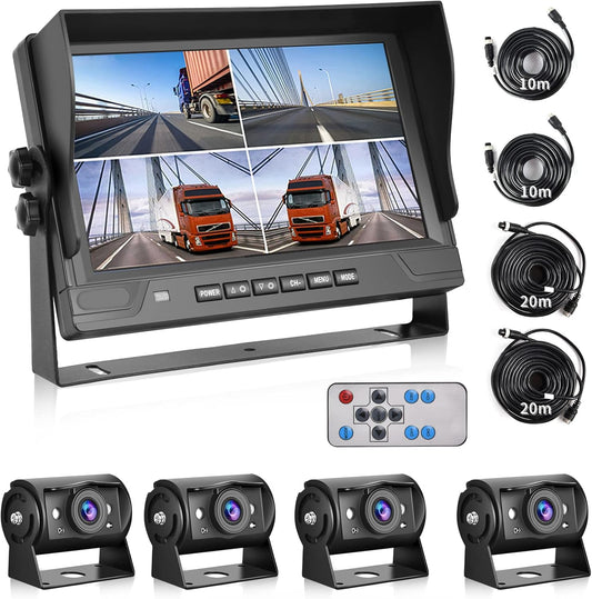 Hodozzy Achteruitrijcamera met 9 inch 4 gedeelde monitor, 4 camera's AHD nachtzicht IP68 waterdicht, voor achter camera met kabel 2 x 10 m en 2 x 20 m, 12 V 24 V