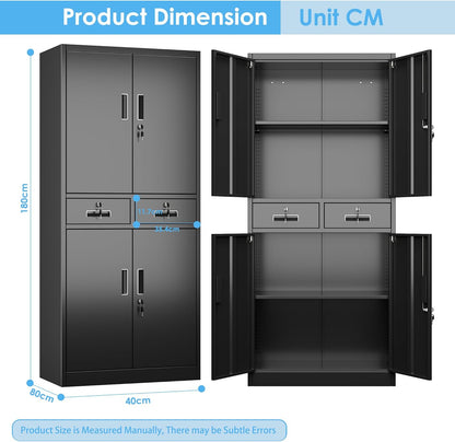 Filing Cabinet, Metal Cabinet with 2 Drawers, Bearing Cabinets, Powder Coated Steel Cabinet for Tools, Office, 180 x 80 x 40 cm (Black) - QUORE