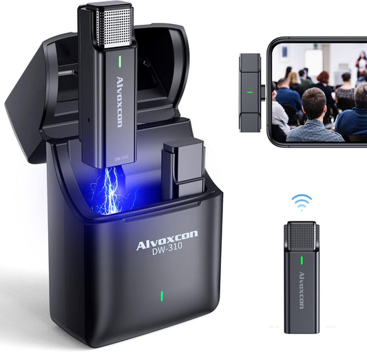 Draadloos lavalier microfoonsysteem – Draadloze reversmicrofoon – Lavalier microfoon – Clipmicrofoon – Draadloze microfoon voor iPhone en iPad (Lightning) – Oplaadcase – 2,4 GHz storingsarm met 18 meter bereik