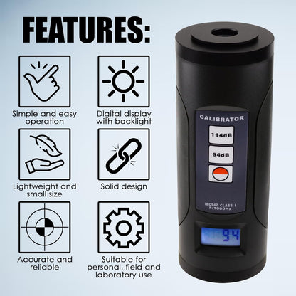 Digitale geluidsniveaumeter kalibrator 94 dB & 114 dB voor 1/2 inch en 1 inch microfoon geluid decibel kalibratiegereedschap