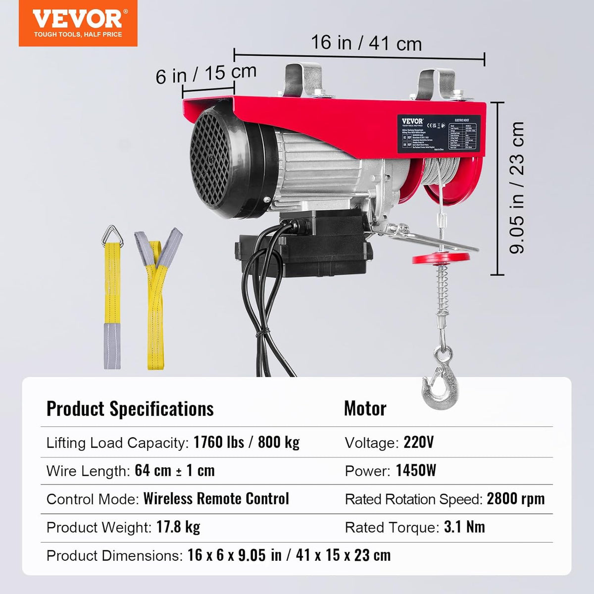 VEVOR Elektrische lier 400 kg tot 800 kg hefhoogte 12 m kabel motorlier 1450 W koperen motor katrol 10 m/min hefsnelheid lift met draadloze afstandsbediening kabellift kettingtakel
